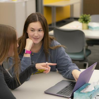 two female students at a table for a tutoring sessions, laptops on the table, both are looking at the screen